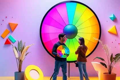 A vibrant, colorful design studio scene featuring a large, glowing color wheel, a designer holding a paint palette with vivid hues, surrounded by abstract geometric shapes in bright colors, with a subtle gradient background, all in a lively, modern aesthetic