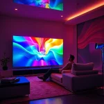 A futuristic living room with a large, ultra-thin OLED TV displaying vibrant, immersive colors that seem to extend beyond the screen into the room, casting dynamic light patterns on the walls and furniture; a person sits relaxed on a modern sofa, eyes wide with wonder, surrounded by subtle holographic color waves emanating from the TV, symbolizing a new dimension in TV viewing; sleek, minimalist design, soft ambient lighting, high detail, cinematic atmosphere