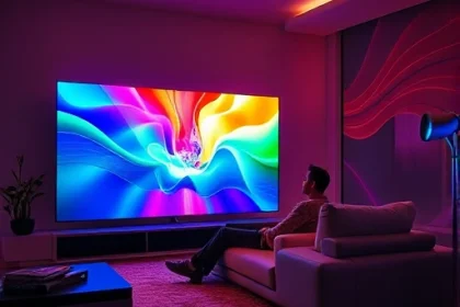 A futuristic living room with a large, ultra-thin OLED TV displaying vibrant, immersive colors that seem to extend beyond the screen into the room, casting dynamic light patterns on the walls and furniture; a person sits relaxed on a modern sofa, eyes wide with wonder, surrounded by subtle holographic color waves emanating from the TV, symbolizing a new dimension in TV viewing; sleek, minimalist design, soft ambient lighting, high detail, cinematic atmosphere