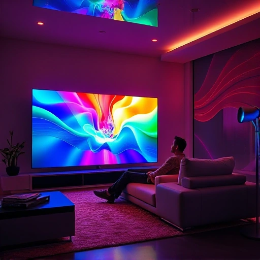 A futuristic living room with a large, ultra-thin OLED TV displaying vibrant, immersive colors that seem to extend beyond the screen into the room, casting dynamic light patterns on the walls and furniture; a person sits relaxed on a modern sofa, eyes wide with wonder, surrounded by subtle holographic color waves emanating from the TV, symbolizing a new dimension in TV viewing; sleek, minimalist design, soft ambient lighting, high detail, cinematic atmosphere