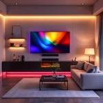 A modern living room with a large flat-screen TV mounted on the wall, surrounded by warm ambient lighting from LED strips behind the TV and on shelves, a cozy sectional sofa in neutral tones, a minimalist coffee table with a few decorative books and a plant, soft rug on the floor, and subtle decorative elements like framed abstract art and a floor lamp — all enhanced with the vibrant, immersive color effects of TVIColor technology projecting dynamic hues onto the wall behind the TV, creating a c