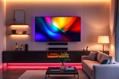 A modern living room with a large flat-screen TV mounted on the wall, surrounded by warm ambient lighting from LED strips behind the TV and on shelves, a cozy sectional sofa in neutral tones, a minimalist coffee table with a few decorative books and a plant, soft rug on the floor, and subtle decorative elements like framed abstract art and a floor lamp — all enhanced with the vibrant, immersive color effects of TVIColor technology projecting dynamic hues onto the wall behind the TV, creating a c