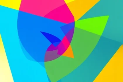 A vibrant, abstract composition of overlapping geometric shapes in bold, saturated colors — electric blue, hot pink, lime green, and golden yellow — radiating outward from a central point, with soft gradients and subtle light flares to suggest energy and creativity, evoking the feeling of dynamic design innovation