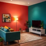 A cozy TV room with a modern sofa, a flat-screen TV on a minimalist stand, and vibrant accent walls painted in bold colors like teal, coral, or mustard yellow. Decorative throw pillows, a patterned rug, and indoor plants add warmth and personality. Soft ambient lighting from a floor lamp enhances the inviting atmosphere.
