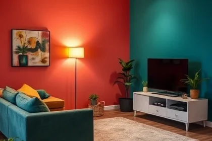 A cozy TV room with a modern sofa, a flat-screen TV on a minimalist stand, and vibrant accent walls painted in bold colors like teal, coral, or mustard yellow. Decorative throw pillows, a patterned rug, and indoor plants add warmth and personality. Soft ambient lighting from a floor lamp enhances the inviting atmosphere.