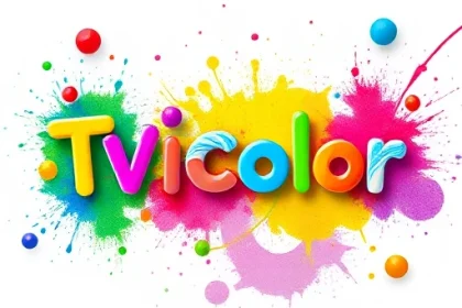 A vibrant, abstract composition featuring colorful paint splatters and gradients forming the letters 'TVIColor' in a playful, modern font, surrounded by geometric shapes and soft light flares, evoking creativity and digital artistry
