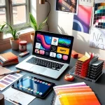 A vibrant, modern design studio scene featuring a sleek laptop displaying colorful vector graphics and UI mockups, surrounded by physical design tools like Pantone swatches, sketchbooks, and a tablet with a color palette app, all bathed in soft natural light from a nearby window, emphasizing creativity and precision in color-enhanced design workflows