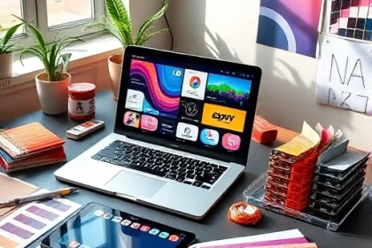 A vibrant, modern design studio scene featuring a sleek laptop displaying colorful vector graphics and UI mockups, surrounded by physical design tools like Pantone swatches, sketchbooks, and a tablet with a color palette app, all bathed in soft natural light from a nearby window, emphasizing creativity and precision in color-enhanced design workflows