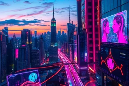 A vibrant, futuristic cityscape at dusk where glowing neon technology intertwines with artistic creativity, featuring holographic paintbrushes, digital canvases, and flowing streams of colorful light merging with traditional art supplies like brushes and palettes, symbolizing the fusion of creativity and technology, smallHQ