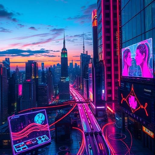A vibrant, futuristic cityscape at dusk where glowing neon technology intertwines with artistic creativity, featuring holographic paintbrushes, digital canvases, and flowing streams of colorful light merging with traditional art supplies like brushes and palettes, symbolizing the fusion of creativity and technology, smallHQ