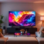 A vibrant television screen displaying a dynamic, colorful scene with rich depth and clarity, surrounded by a cozy living room setting with soft ambient lighting, a comfortable sofa, and a coffee table, illustrating the immersive experience of TVIColor technology