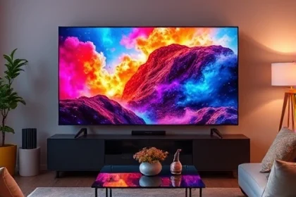 A vibrant television screen displaying a dynamic, colorful scene with rich depth and clarity, surrounded by a cozy living room setting with soft ambient lighting, a comfortable sofa, and a coffee table, illustrating the immersive experience of TVIColor technology