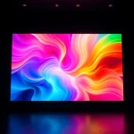A vibrant, colorful television screen displaying a dynamic abstract pattern of swirling rainbow hues, soft gradients, and glowing light trails, evoking a sense of visual delight and digital artistry, centered in a dark room with subtle ambient reflections, ultra-high detail, 8K resolution, cinematic lighting