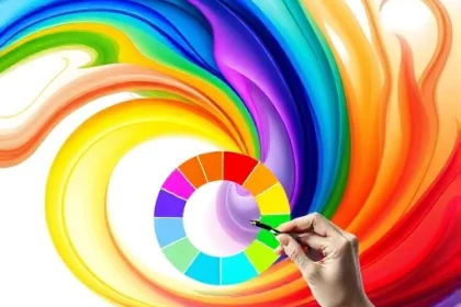A dynamic, abstract composition of swirling, saturated colors forming a vibrant gradient, with a subtle, stylized hand sketching a color wheel in the foreground, set against a clean, minimal background to emphasize the concept of vibrant design