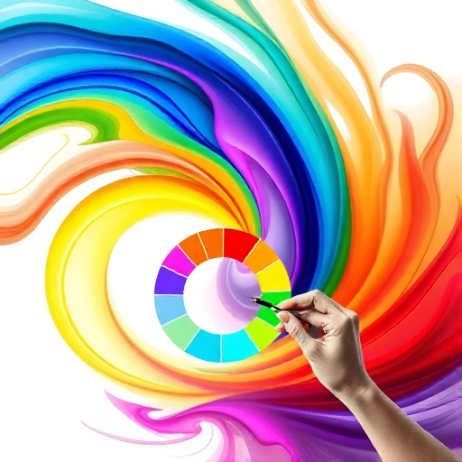 A dynamic, abstract composition of swirling, saturated colors forming a vibrant gradient, with a subtle, stylized hand sketching a color wheel in the foreground, set against a clean, minimal background to emphasize the concept of vibrant design
