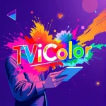 A vibrant, modern digital illustration of a creative professional using a tablet to design colorful graphics, with dynamic splashes of paint and light effects forming the letters 'TVIColor' in an abstract, energetic style, surrounded by floating geometric shapes and glowing accents, conveying innovation and artistic elevation