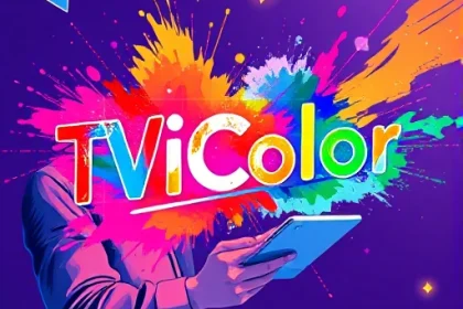 A vibrant, modern digital illustration of a creative professional using a tablet to design colorful graphics, with dynamic splashes of paint and light effects forming the letters 'TVIColor' in an abstract, energetic style, surrounded by floating geometric shapes and glowing accents, conveying innovation and artistic elevation