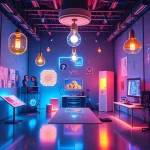 A vibrant, futuristic studio space filled with glowing holographic ideas transforming into tangible products — lightbulbs morphing into smartphones, sketches becoming 3D-printed prototypes, digital paint strokes turning into real fabric textures — all bathed in soft neon blues and warm golds, with a subtle TVIColor logo integrated into the ambient lighting, no text visible, ultra-detailed, cinematic lighting, smallHQ style