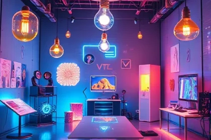 A vibrant, futuristic studio space filled with glowing holographic ideas transforming into tangible products — lightbulbs morphing into smartphones, sketches becoming 3D-printed prototypes, digital paint strokes turning into real fabric textures — all bathed in soft neon blues and warm golds, with a subtle TVIColor logo integrated into the ambient lighting, no text visible, ultra-detailed, cinematic lighting, smallHQ style