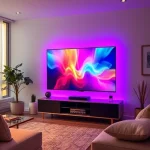 A modern living room with a large flat-screen TV displaying vibrant, colorful content, enhanced by subtle ambient lighting that matches the on-screen colors, creating an immersive viewing experience; the TV is centered on a sleek media console, surrounded by minimalist decor, soft cushions, and a cozy rug, with warm, natural light coming from a nearby window