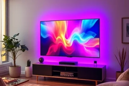 A modern living room with a large flat-screen TV displaying vibrant, colorful content, enhanced by subtle ambient lighting that matches the on-screen colors, creating an immersive viewing experience; the TV is centered on a sleek media console, surrounded by minimalist decor, soft cushions, and a cozy rug, with warm, natural light coming from a nearby window