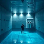 An underwater pool interior showing polished concrete walls, a sleek filtration unit with visible filters and piping, a diver in a wetsuit inspecting the system, soft blue lighting, realistic style