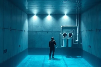 An underwater pool interior showing polished concrete walls, a sleek filtration unit with visible filters and piping, a diver in a wetsuit inspecting the system, soft blue lighting, realistic style