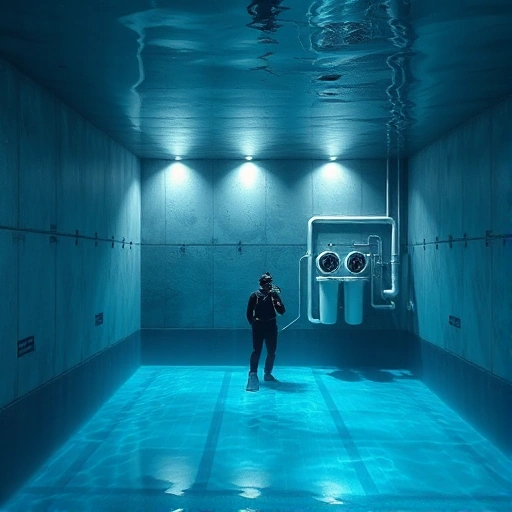 An underwater pool interior showing polished concrete walls, a sleek filtration unit with visible filters and piping, a diver in a wetsuit inspecting the system, soft blue lighting, realistic style