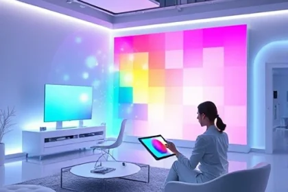 A futuristic design studio with holographic color palettes floating in mid-air, a designer interacting with glowing, shifting color gradients projected from a sleek tablet, surrounded by minimalist white furniture and soft ambient lighting, emphasizing innovation and the fusion of technology and color theory