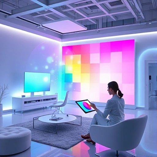 A futuristic design studio with holographic color palettes floating in mid-air, a designer interacting with glowing, shifting color gradients projected from a sleek tablet, surrounded by minimalist white furniture and soft ambient lighting, emphasizing innovation and the fusion of technology and color theory