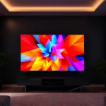 A vibrant, colorful TV screen displaying a dynamic abstract pattern of bright red, electric blue, and sunshine yellow geometric shapes, with subtle glowing edges and soft light flares, set against a dark modern living room background with a sleek minimalist TV stand, no visible text or logos, ultra-high detail, smallHQ style