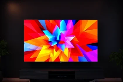 A vibrant, colorful TV screen displaying a dynamic abstract pattern of bright red, electric blue, and sunshine yellow geometric shapes, with subtle glowing edges and soft light flares, set against a dark modern living room background with a sleek minimalist TV stand, no visible text or logos, ultra-high detail, smallHQ style