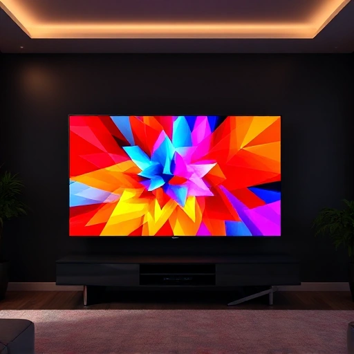 A vibrant, colorful TV screen displaying a dynamic abstract pattern of bright red, electric blue, and sunshine yellow geometric shapes, with subtle glowing edges and soft light flares, set against a dark modern living room background with a sleek minimalist TV stand, no visible text or logos, ultra-high detail, smallHQ style