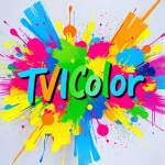 A vibrant, abstract explosion of colorful paint splatters and brushstrokes forming the words 'TVIColor' in dynamic, hand-lettered typography, surrounded by swirling gradients of electric blue, magenta, lime green, and golden yellow, evoking creative energy and artistic freedom, ultra-detailed, high resolution, smallHQ style