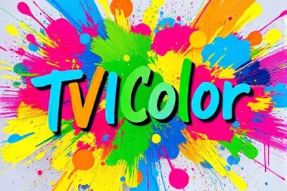 A vibrant, abstract explosion of colorful paint splatters and brushstrokes forming the words 'TVIColor' in dynamic, hand-lettered typography, surrounded by swirling gradients of electric blue, magenta, lime green, and golden yellow, evoking creative energy and artistic freedom, ultra-detailed, high resolution, smallHQ style