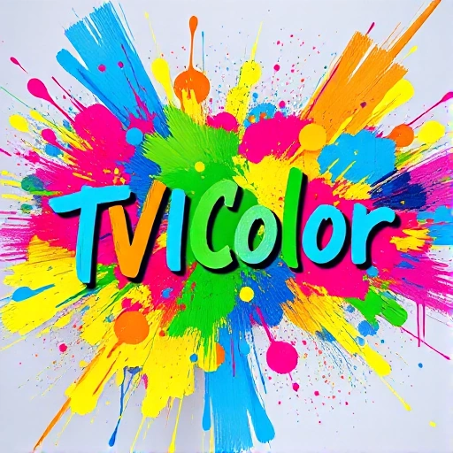A vibrant, abstract explosion of colorful paint splatters and brushstrokes forming the words 'TVIColor' in dynamic, hand-lettered typography, surrounded by swirling gradients of electric blue, magenta, lime green, and golden yellow, evoking creative energy and artistic freedom, ultra-detailed, high resolution, smallHQ style