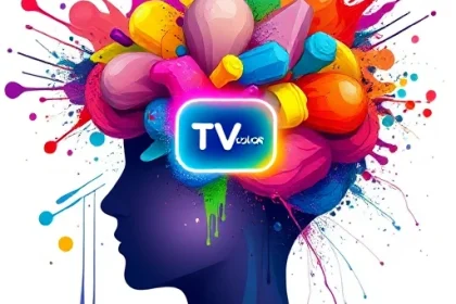 A vibrant, abstract illustration of a person's mind bursting with colorful paint splashes, geometric shapes, and flowing gradients, symbolizing creative inspiration, with a central glowing TVIColor logo subtly integrated into the design, no text or letters visible, modern digital art style, high detail, soft lighting