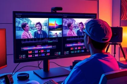 A professional digital illustration of a person mastering TVIColor techniques, showing vibrant color grading workflow on a high-resolution monitor with split-screen before/after video frames, color wheels, scopes, and cinematic lighting effects, in a modern editing suite with subtle ambient glow, ultra-detailed, 8K quality