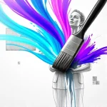 A vibrant digital artwork showing a paintbrush transforming a grayscale sketch into a colorful masterpiece, with radiant streaks of TVIColor-inspired hues (teal, violet, indigo) flowing across the canvas, soft glowing light effects, abstract geometric shapes in the background, high detail, ultra-sharp focus, professional digital painting style