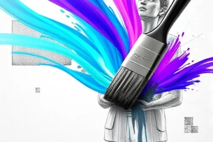 A vibrant digital artwork showing a paintbrush transforming a grayscale sketch into a colorful masterpiece, with radiant streaks of TVIColor-inspired hues (teal, violet, indigo) flowing across the canvas, soft glowing light effects, abstract geometric shapes in the background, high detail, ultra-sharp focus, professional digital painting style