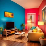 A cozy TV room with a modern sofa, a flat-screen TV on a minimalist stand, and vibrant accent walls painted in bold, saturated colors like electric blue, sunny yellow, and coral pink. Colorful throw pillows, a patterned rug, and potted plants add lively touches. Warm ambient lighting from floor lamps enhances the cheerful, energetic atmosphere. No text, letters, or digits visible.