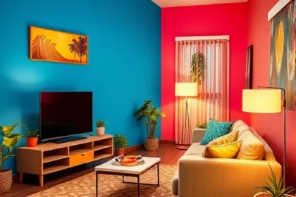 A cozy TV room with a modern sofa, a flat-screen TV on a minimalist stand, and vibrant accent walls painted in bold, saturated colors like electric blue, sunny yellow, and coral pink. Colorful throw pillows, a patterned rug, and potted plants add lively touches. Warm ambient lighting from floor lamps enhances the cheerful, energetic atmosphere. No text, letters, or digits visible.