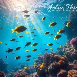 A vibrant underwater scene with colorful tropical fish swimming among coral reefs, soft sunlight filtering through the water, creating a serene and immersive atmosphere, no text or symbols visible