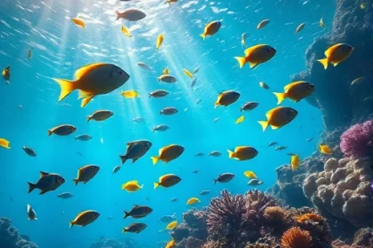 A vibrant underwater scene with colorful tropical fish swimming among coral reefs, soft sunlight filtering through the water, creating a serene and immersive atmosphere, no text or symbols visible