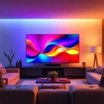 A modern living room with a large flat-screen TV displaying vibrant, colorful abstract patterns and gradients, surrounded by subtle ambient lighting that enhances the hues, sleek minimalist furniture, and a warm, inviting atmosphere — emphasizing the transformation of the TV into a dynamic piece of digital art