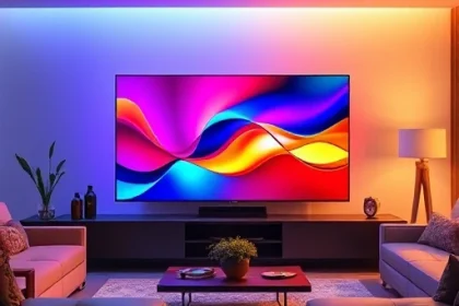 A modern living room with a large flat-screen TV displaying vibrant, colorful abstract patterns and gradients, surrounded by subtle ambient lighting that enhances the hues, sleek minimalist furniture, and a warm, inviting atmosphere — emphasizing the transformation of the TV into a dynamic piece of digital art