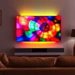 A modern living room with a sleek flat-screen TV displaying vibrant, colorful content — rich reds, deep blues, bright greens, and golden yellows — radiating from the screen to illuminate the surrounding space. The TV is mounted on a minimalist wall with subtle ambient lighting. A cozy sofa and soft rug are visible in the foreground, enhancing the warm, immersive atmosphere. No text, logos, or UI elements appear on the screen or in the scene.