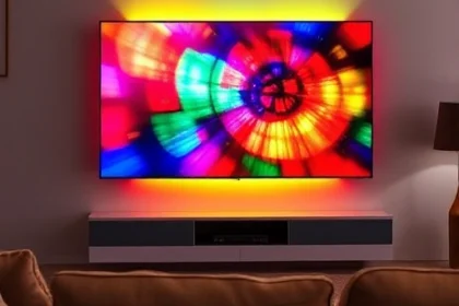 A modern living room with a sleek flat-screen TV displaying vibrant, colorful content — rich reds, deep blues, bright greens, and golden yellows — radiating from the screen to illuminate the surrounding space. The TV is mounted on a minimalist wall with subtle ambient lighting. A cozy sofa and soft rug are visible in the foreground, enhancing the warm, immersive atmosphere. No text, logos, or UI elements appear on the screen or in the scene.