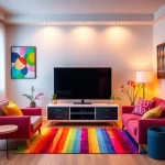 A vibrant living room scene featuring a modern flat-screen TV as the focal point, surrounded by colorful decorative elements like abstract art, colorful throw pillows, and a rainbow-colored rug, with warm ambient lighting enhancing the cheerful atmosphere
