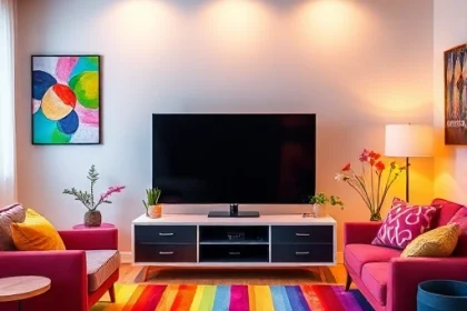 A vibrant living room scene featuring a modern flat-screen TV as the focal point, surrounded by colorful decorative elements like abstract art, colorful throw pillows, and a rainbow-colored rug, with warm ambient lighting enhancing the cheerful atmosphere